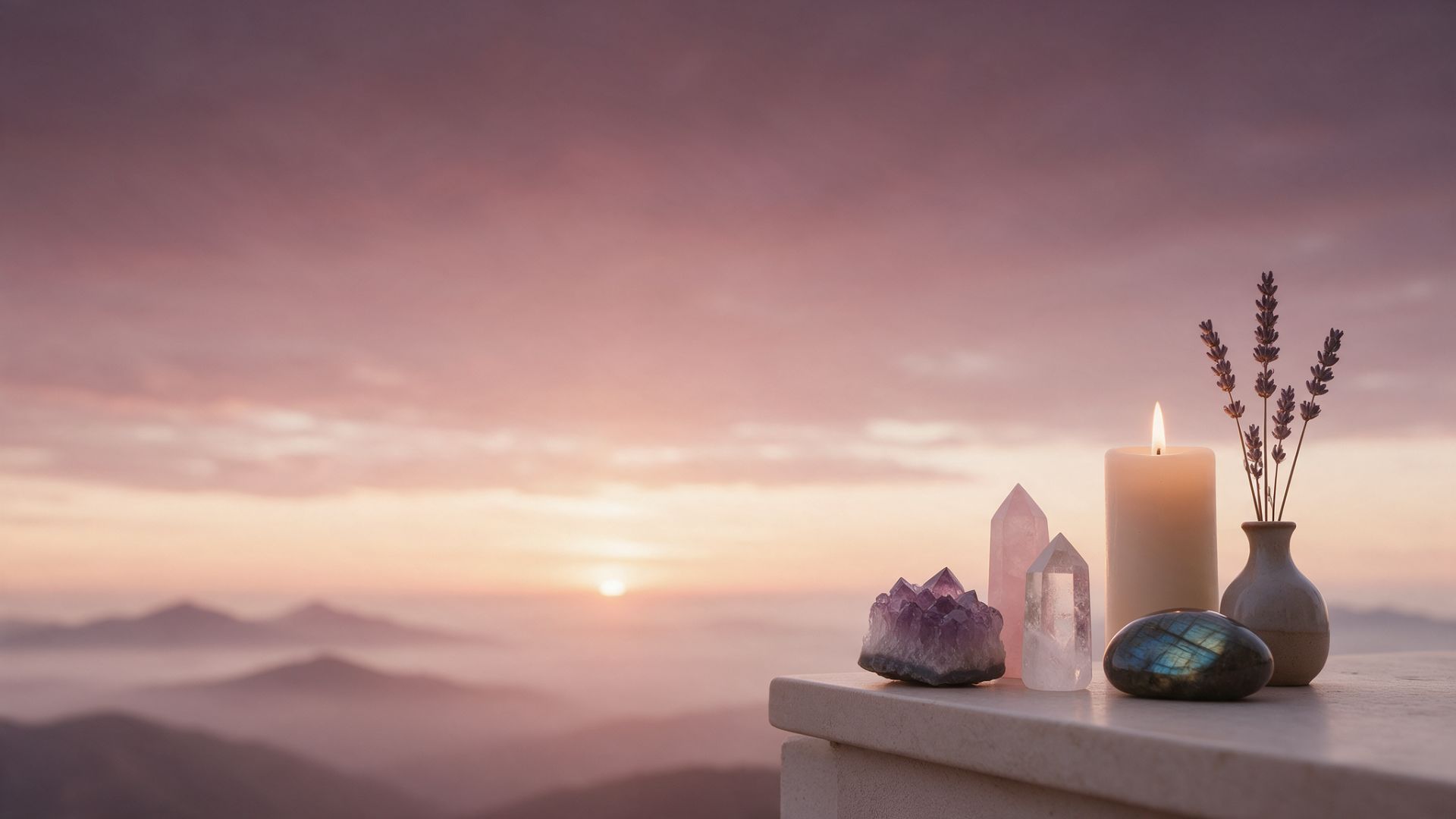 Amanecer sobre montañas con niebla; en primer plano, una vela encendida, amatista, cuarzo rosa, cuarzo transparente y labradorita